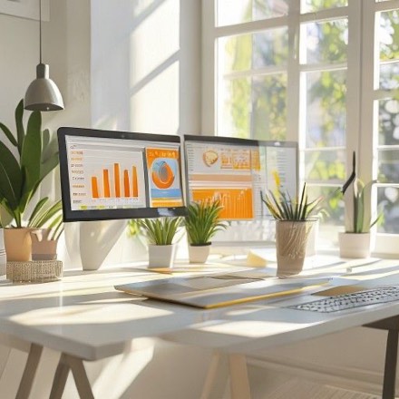 Analytics dashboard with orange charts on a laptop screen
