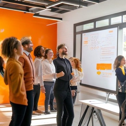 Team workshop in a warmly lit modern office